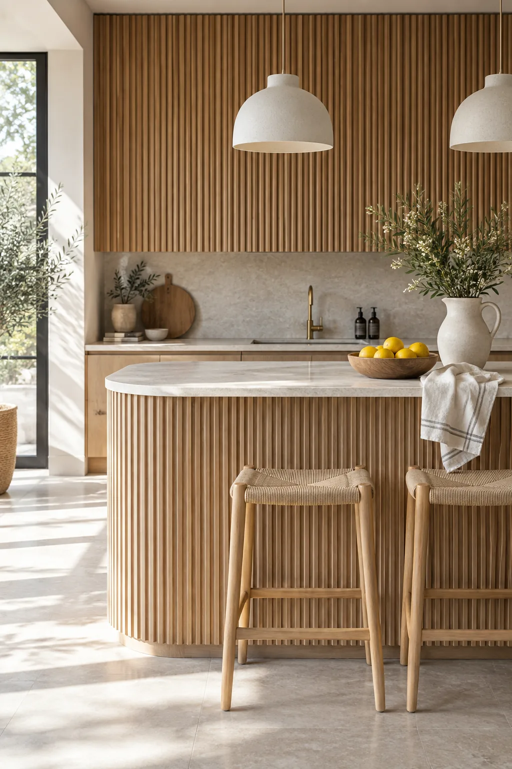 Curved fluted wood panels installed on a wall.