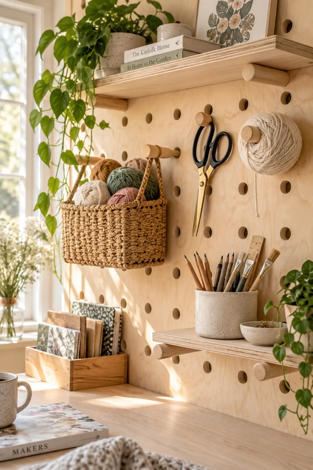 Oversized plywood pegboard wall with wooden dowels and shelves.