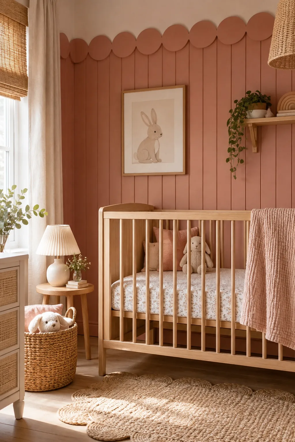 Scalloped MDF wood trim painted terracotta pink over beadboard.