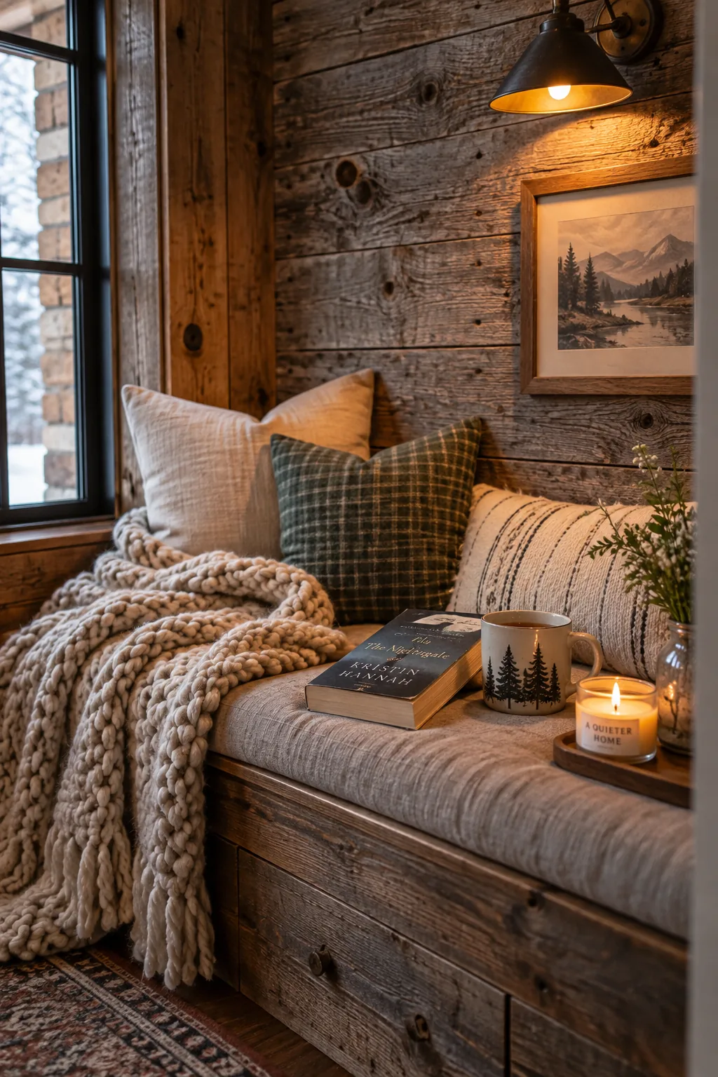 Weathered barnwood lining a small recessed reading nook.