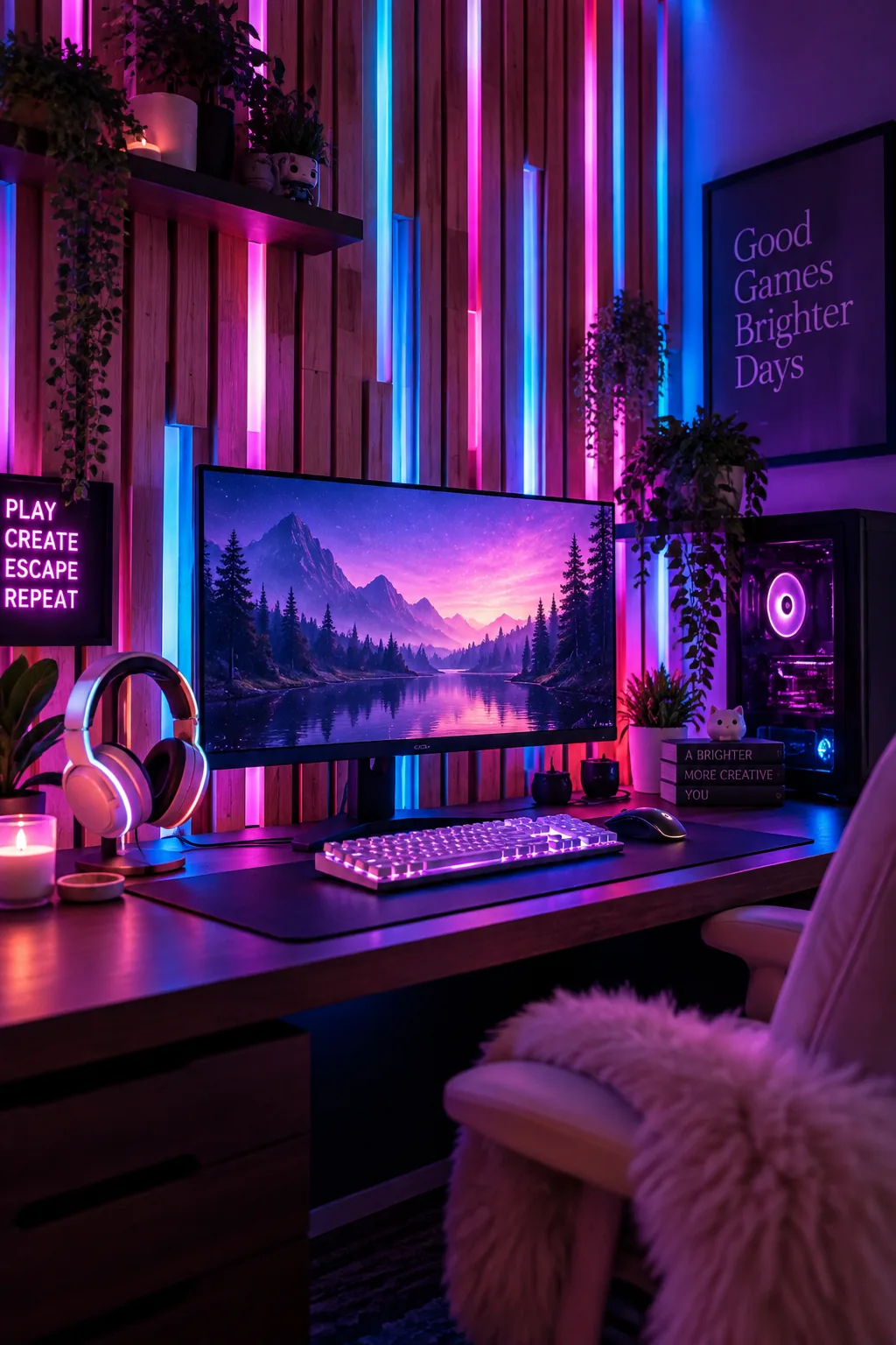 Asymmetrical oak slats with integrated LED light strips.