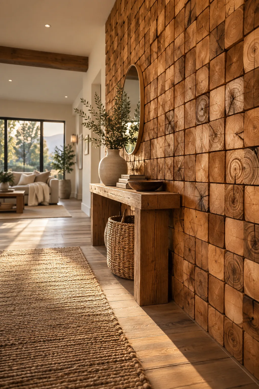 Mosaic accent wall made from stacked end-grain wood blocks.