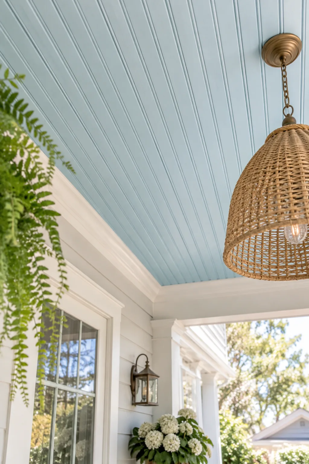 Light blue beadboard ceiling in a cozy bedroom