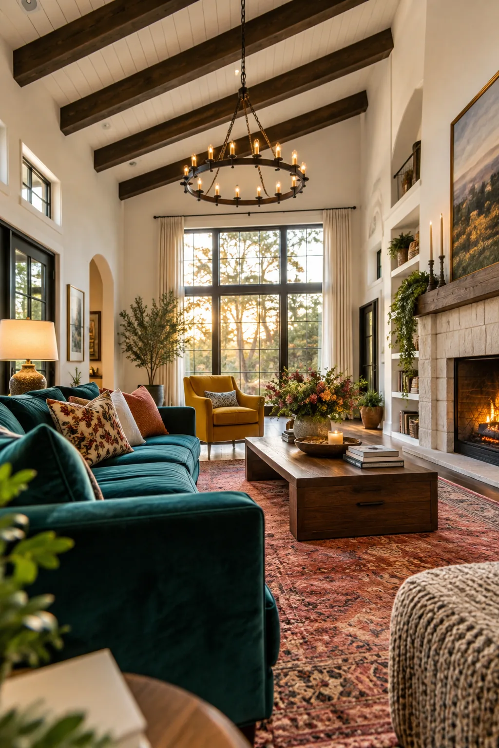 Vaulted white ceiling with dark espresso wood beams