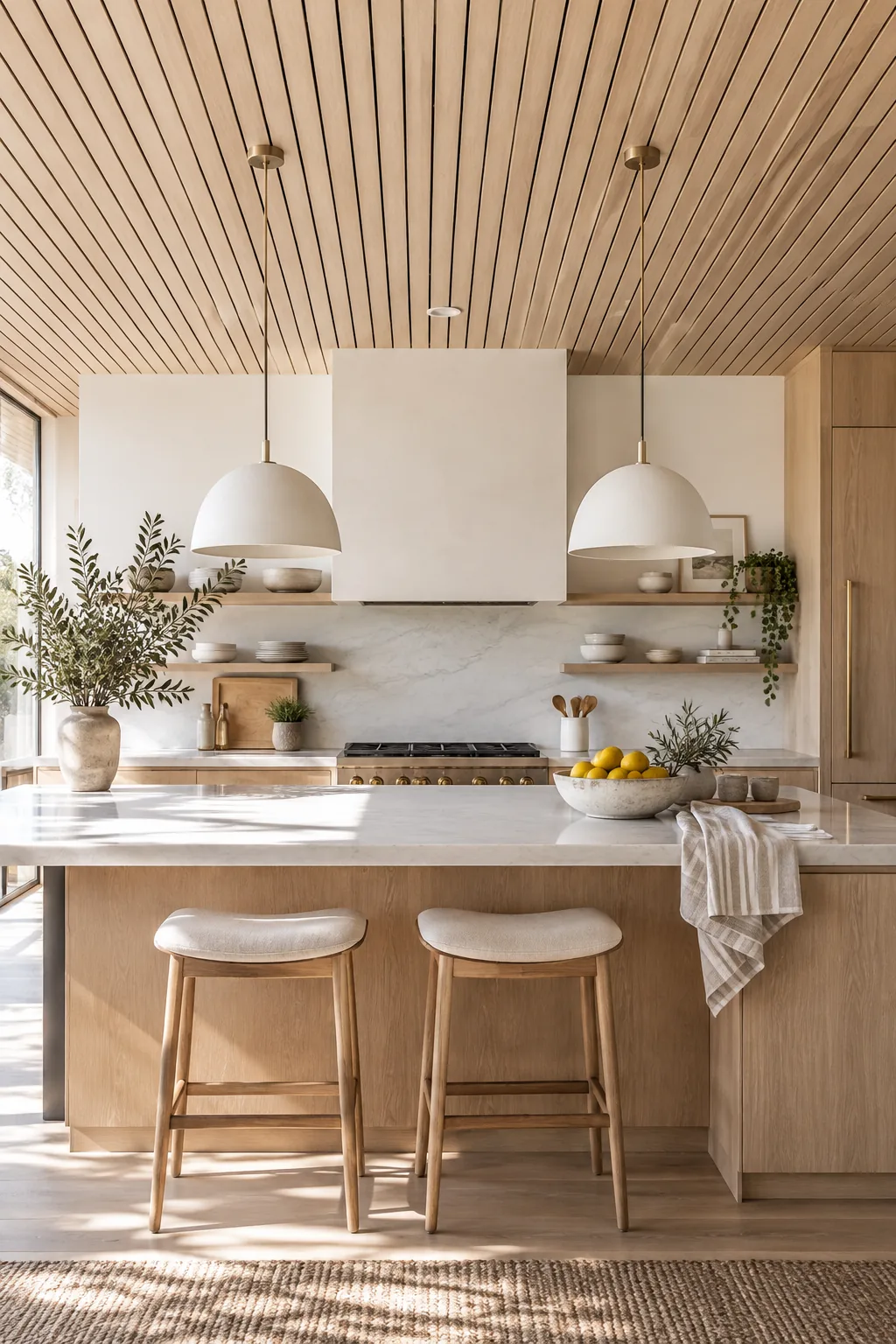 White oak slatted wood ceiling over a kitchen island