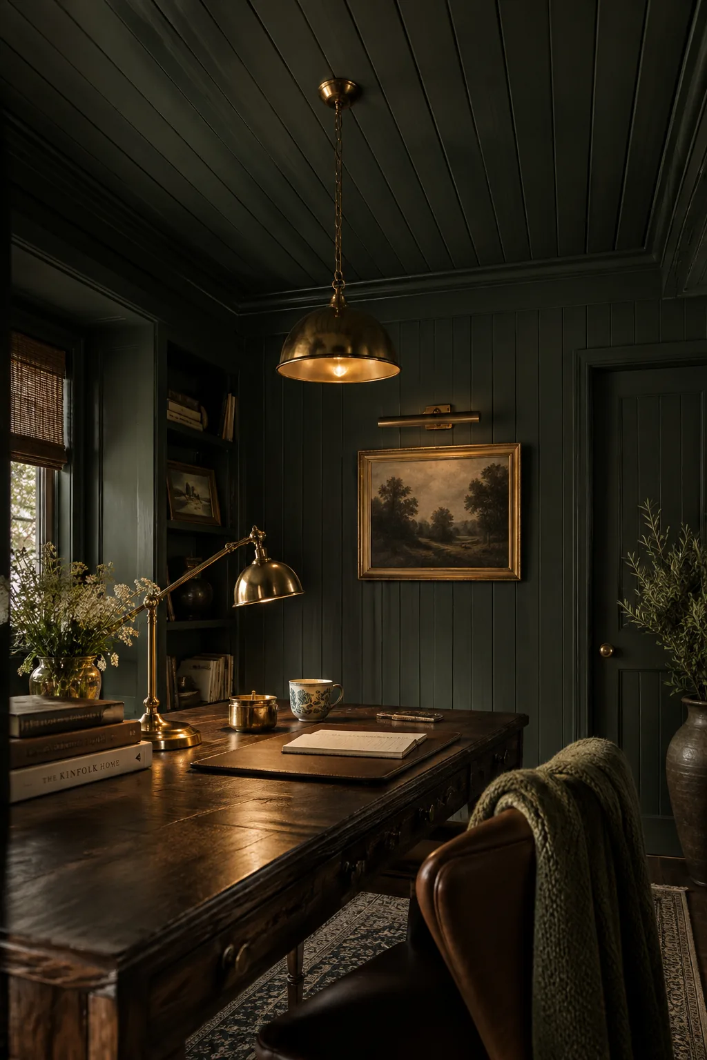 Dark painted wood paneled ceiling in a moody home office