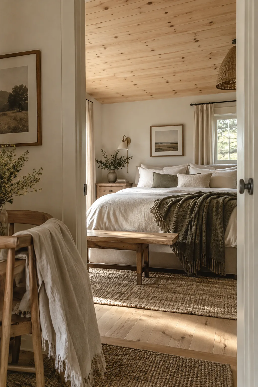 Natural knotty pine tongue and groove ceiling in a sunroom