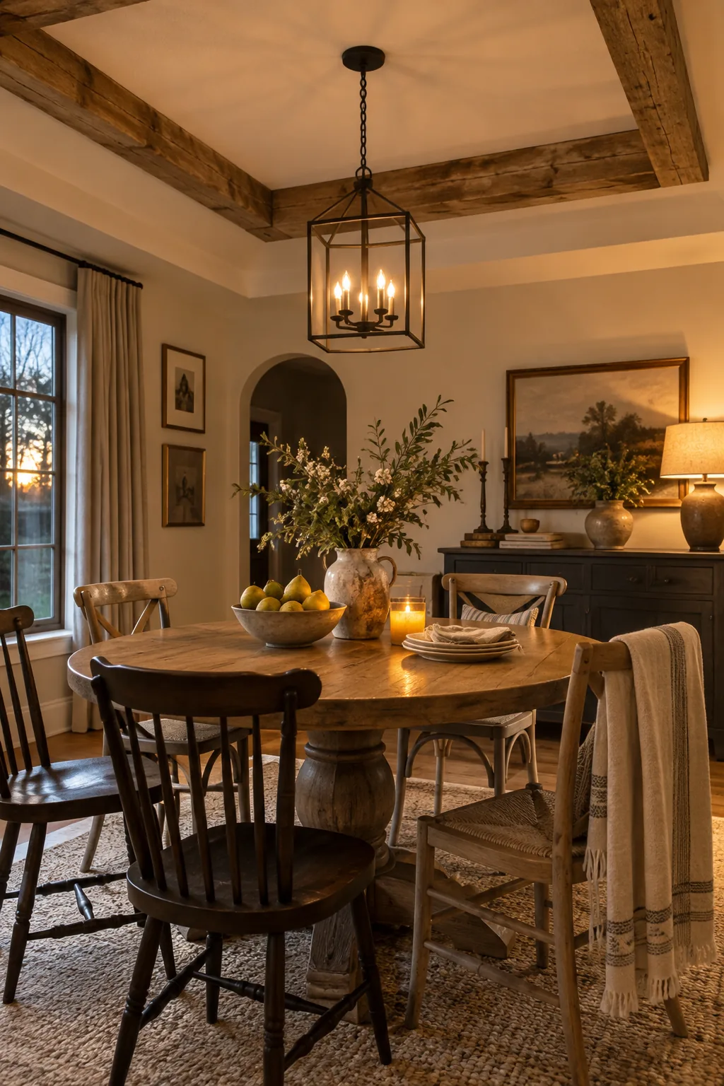 Tray ceiling framed with rustic wood timbers in a dining room
