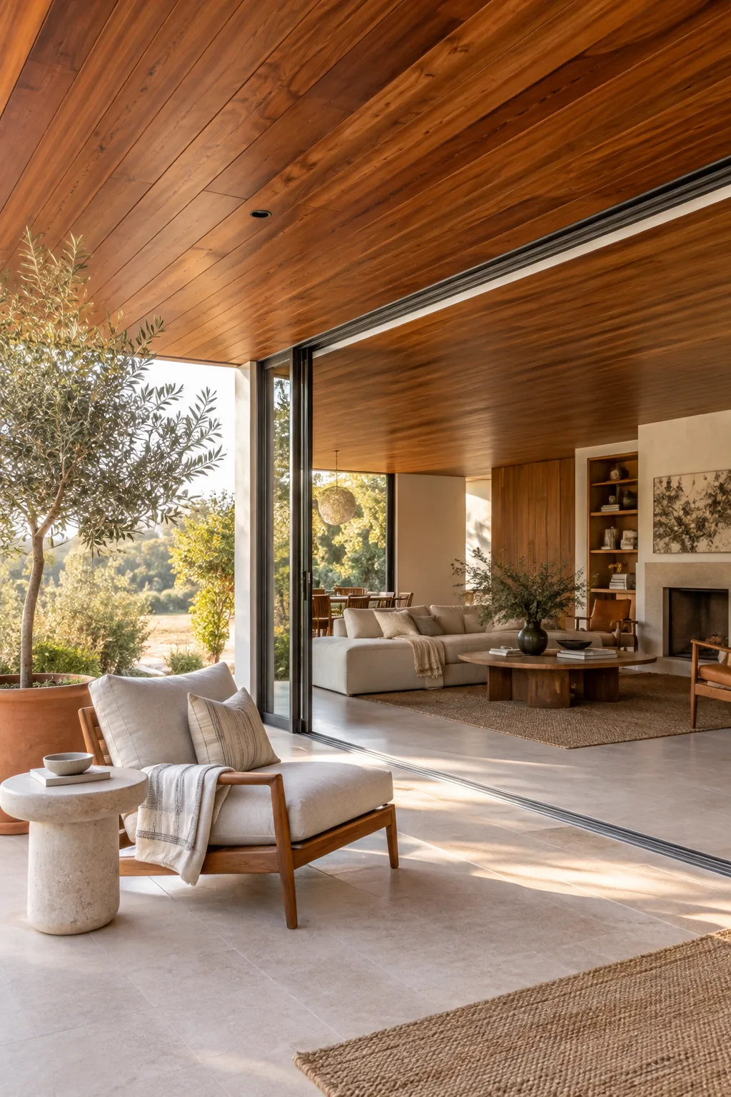Continuous cedar plank ceiling flowing from indoors to an outdoor patio