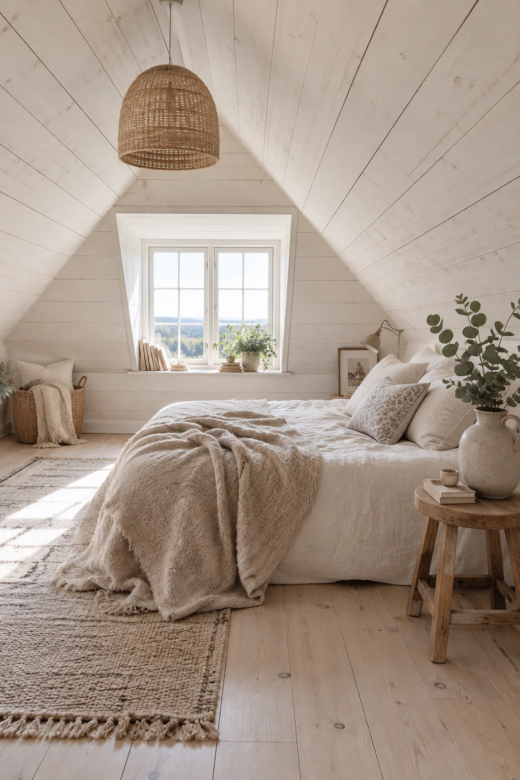 Whitewashed shiplap on a sloped attic bedroom ceiling