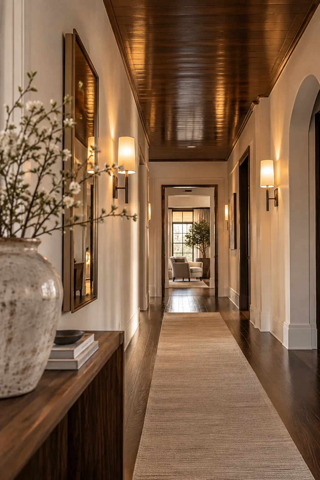 Polished dark walnut wood ceiling in a bright white hallway
