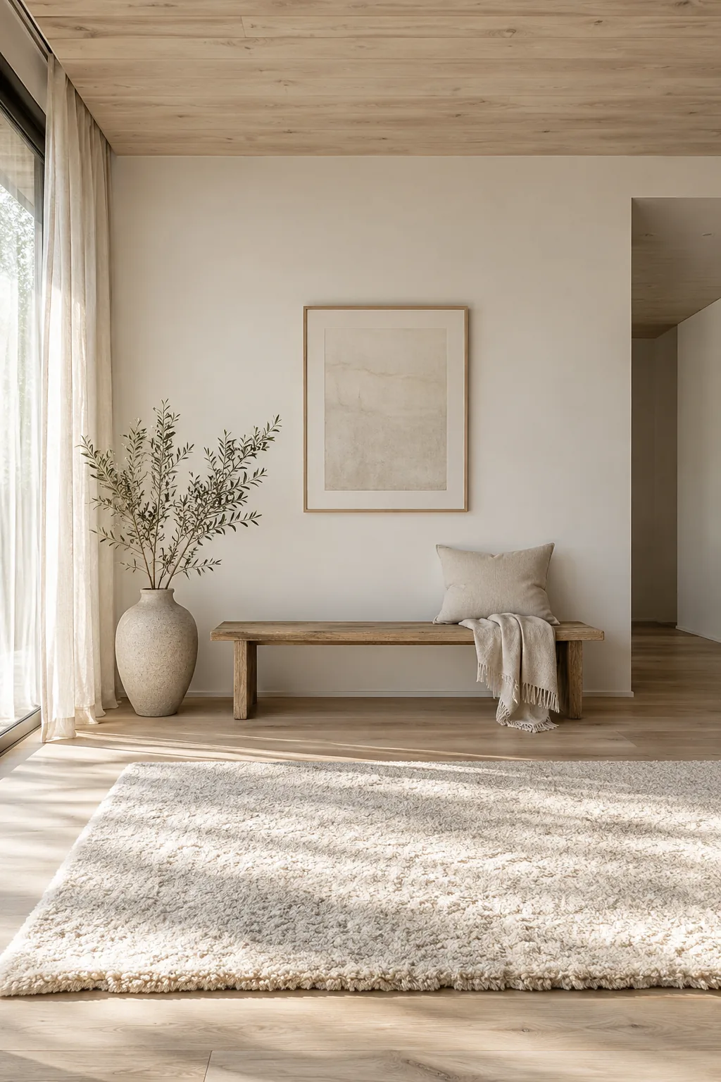 Light ash wood ceiling matching the hardwood floors in a bedroom