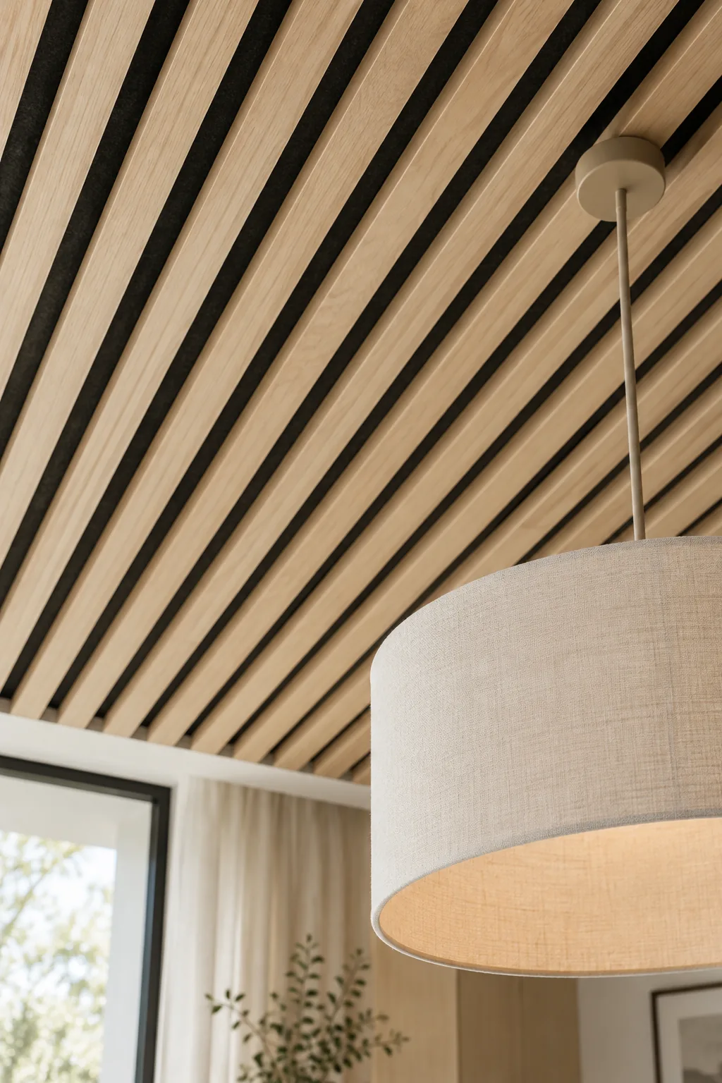 Open slatted wood acoustic ceiling with black felt backing