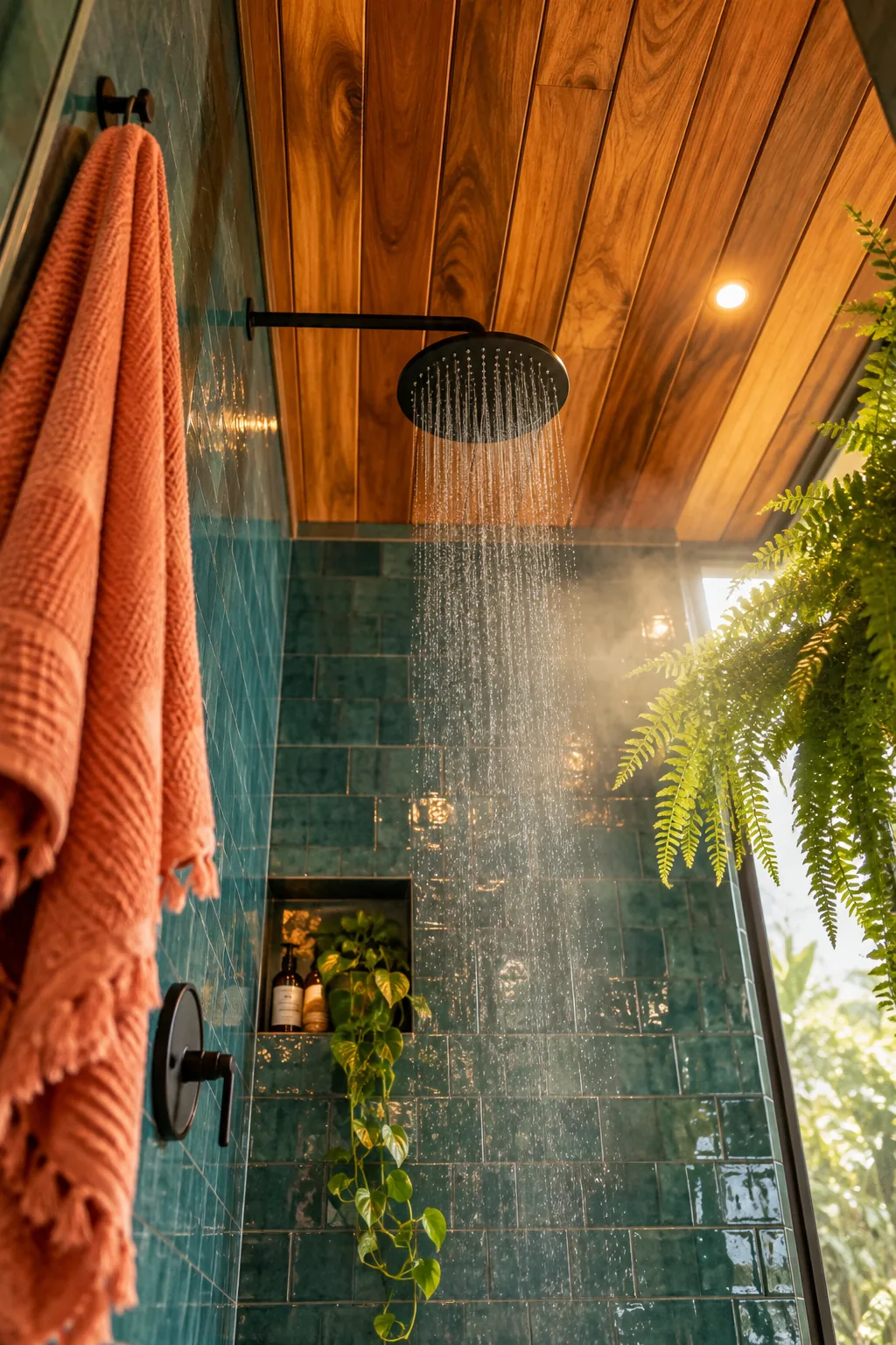 Warm teak wood ceiling above a modern walk-in shower