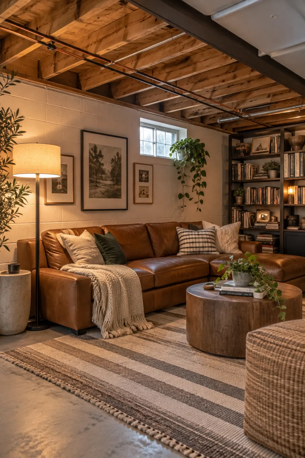Raw exposed floor joists used as a ceiling in a basement remodel