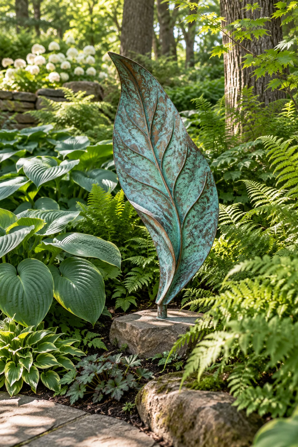 Verdigris copper leaf sculpture nestled among ferns in a woodland bed.