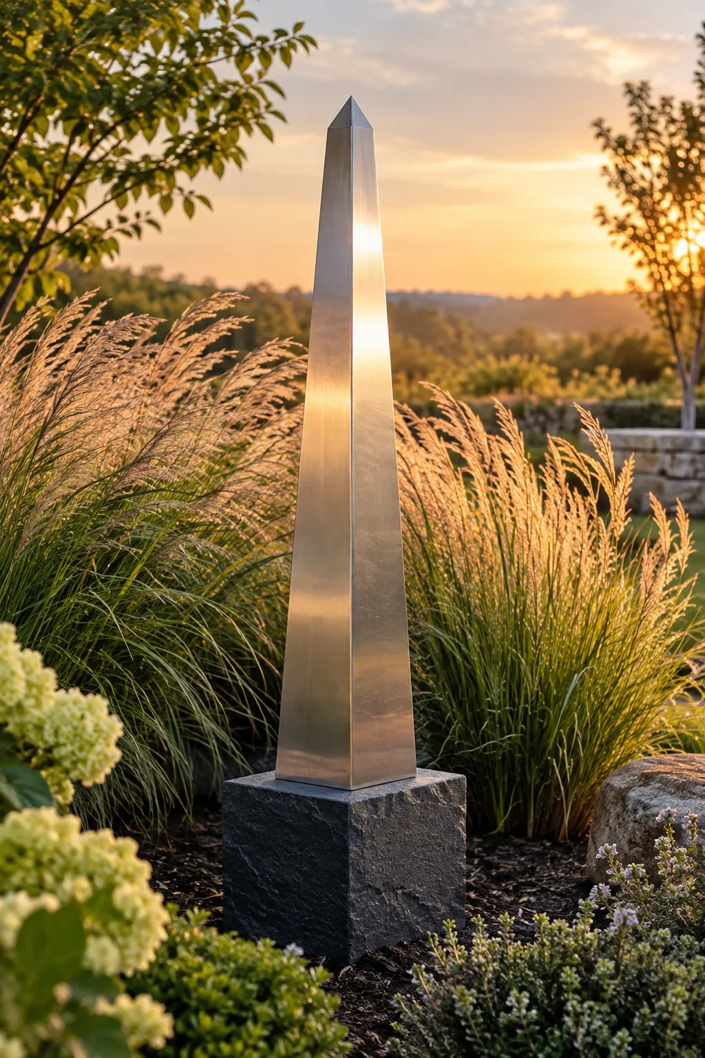 Shiny brushed steel obelisk on a slate base surrounded by ornamental grasses.