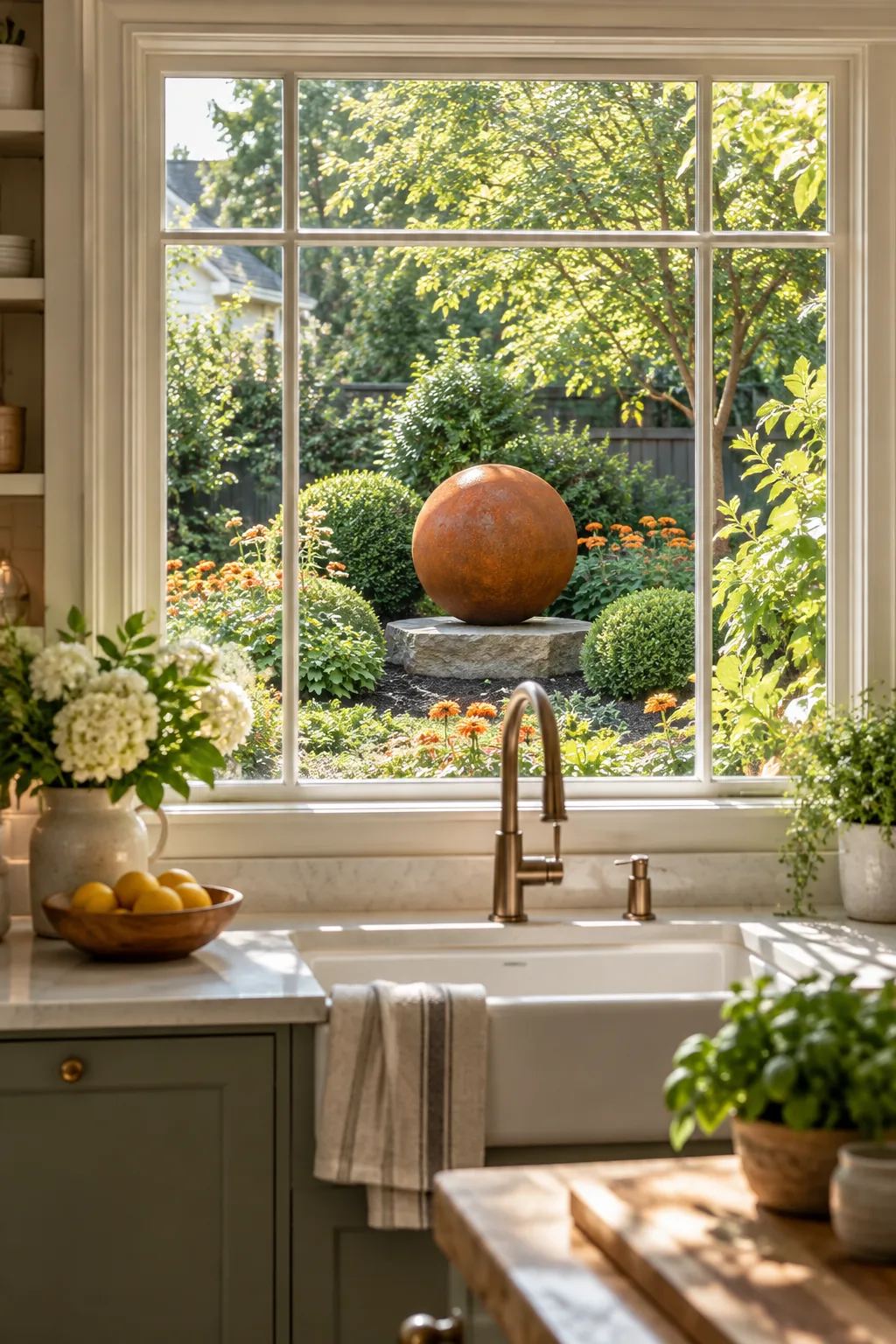 View through a kitchen window showing a rust-colored steel sphere centered in a sunny garden bed.