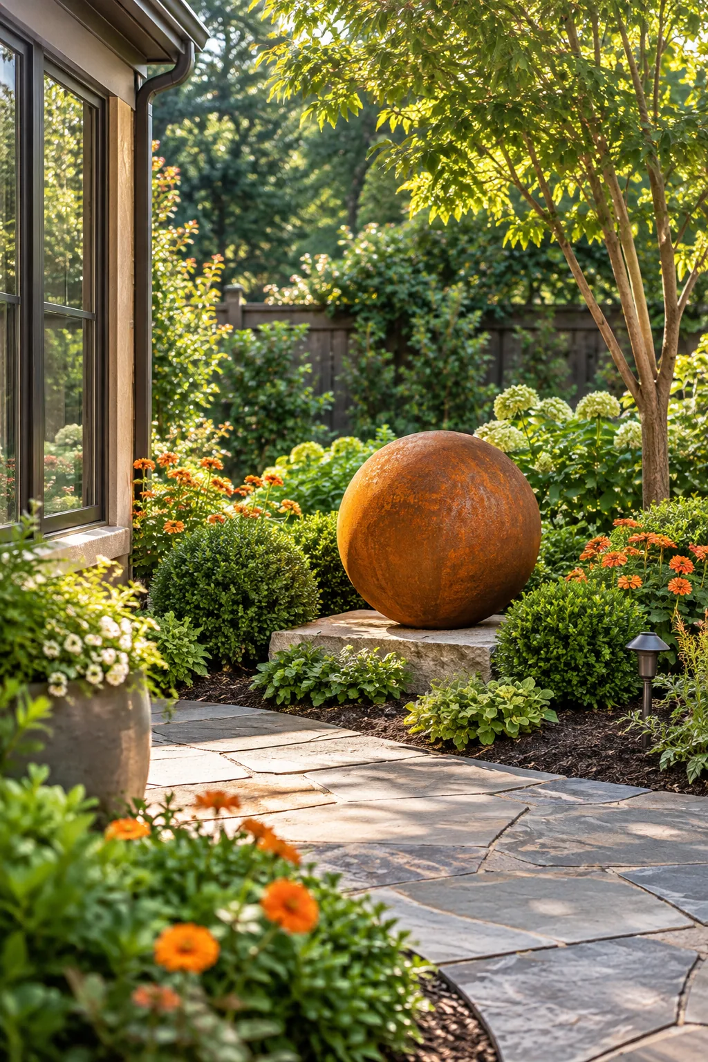 Thick flagstone slab sitting above dark mulch, supporting the base of a round steel sculpture.