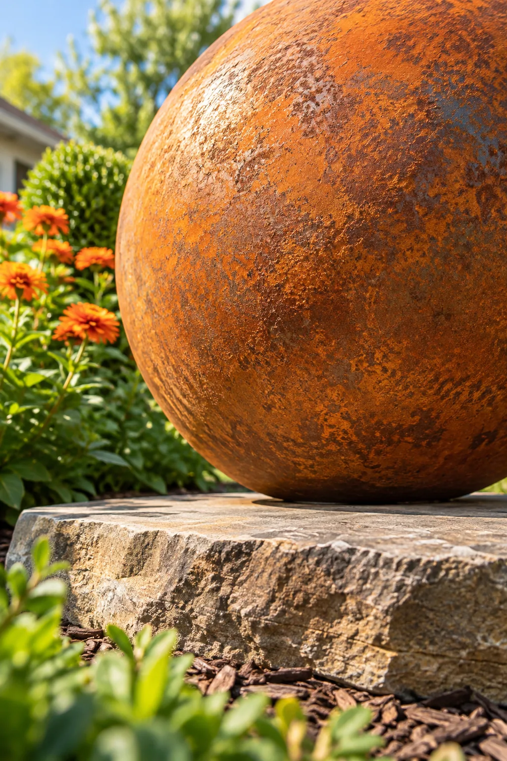 Clean connection point between a rusty steel sphere and a flat stone base in a garden.