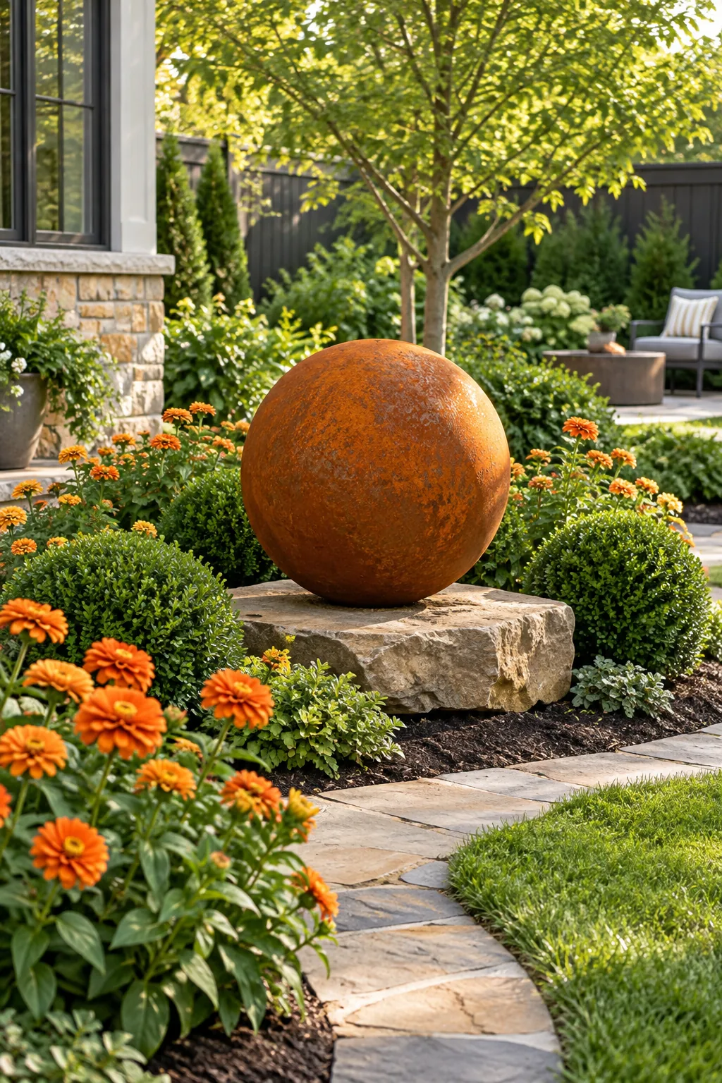Landscaped garden bed featuring a rusty sphere, orange flowers, and clipped shrubs.