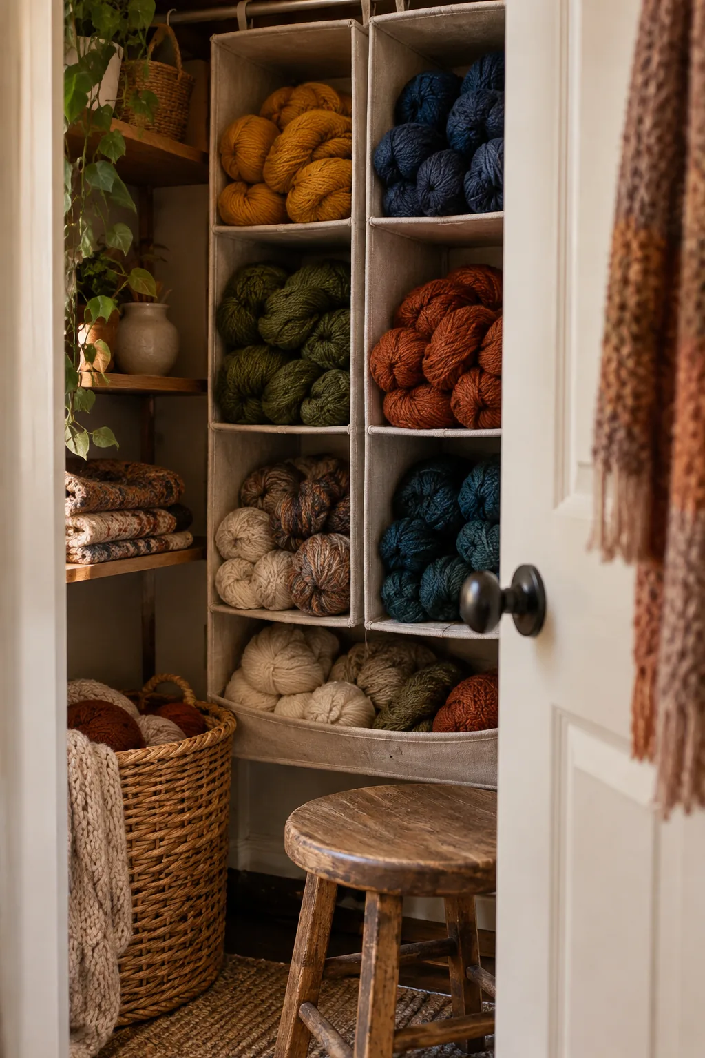 Canvas hanging sweater organizer in a closet filled with yarn.
