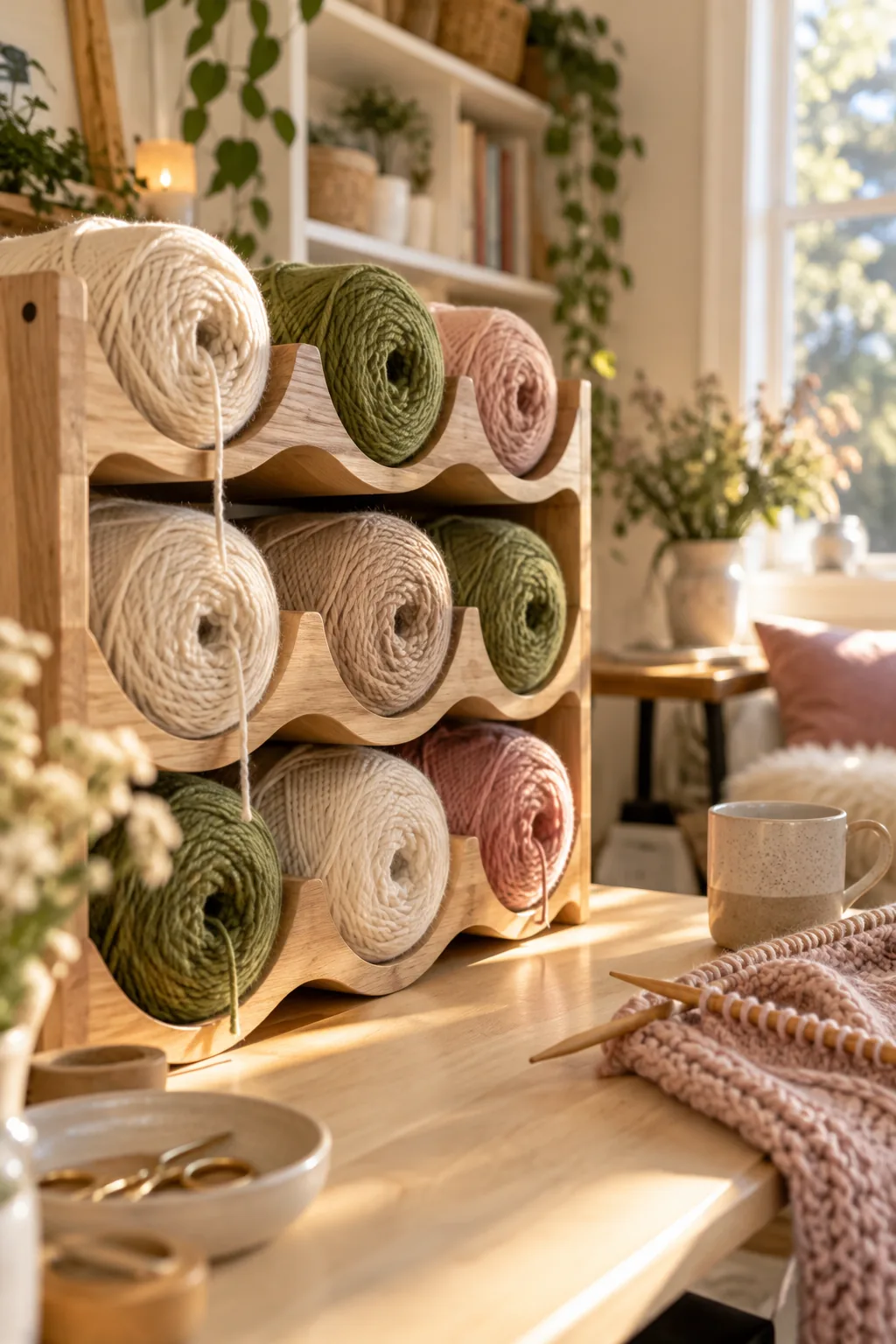 A wooden tabletop wine rack holding large cakes of yarn in each slot.