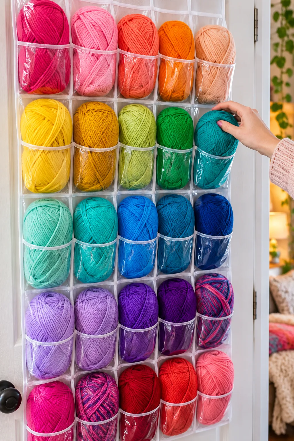 Clear pocket shoe organizer hanging on a door, filled with yarn.