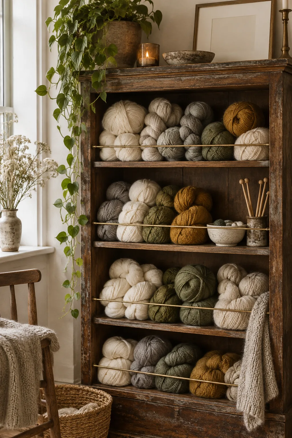 A wooden bookcase filled with yarn, secured by thin tension rods.
