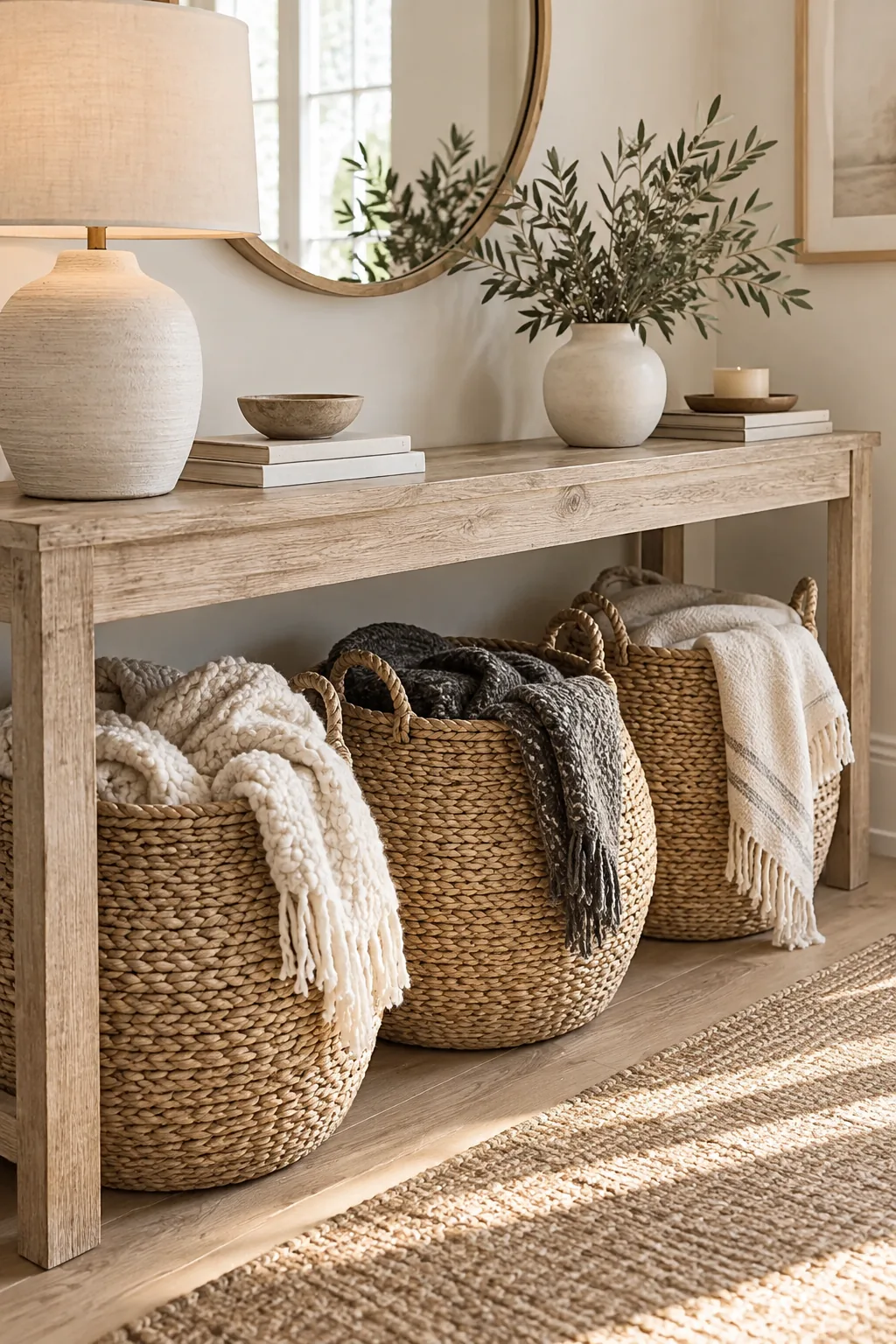 Large woven belly baskets sitting on the floor filled with chunky yarn.