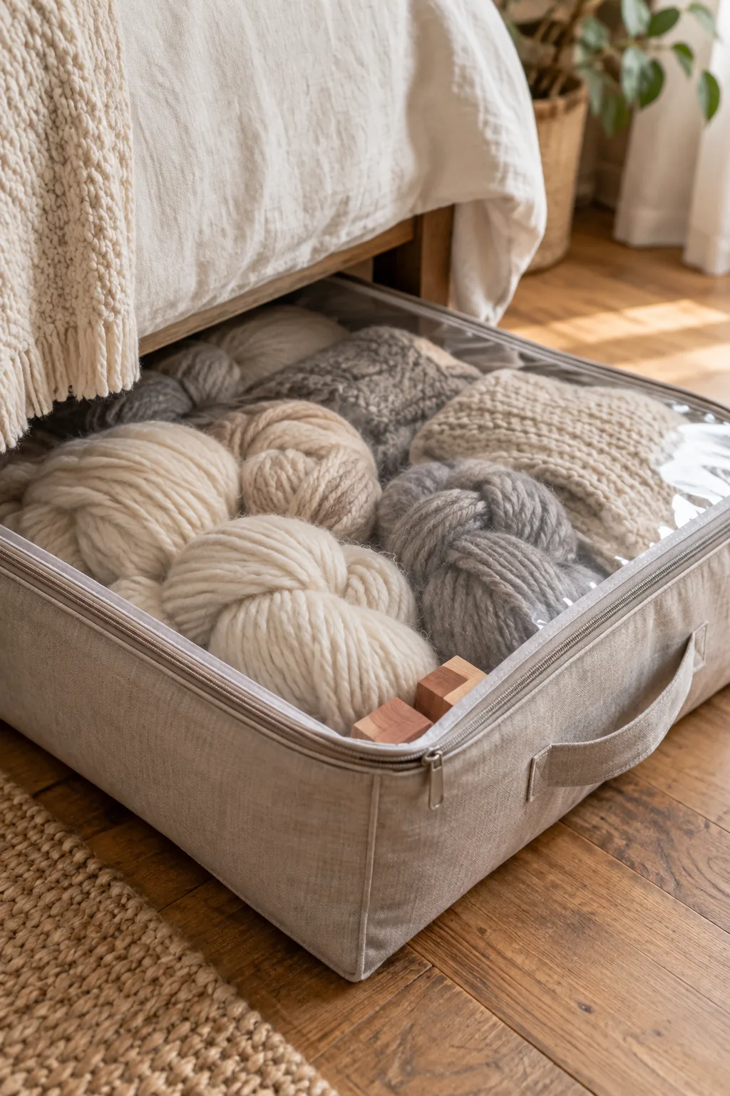 A clear-topped fabric storage bag filled with yarn sliding out from under a bed.