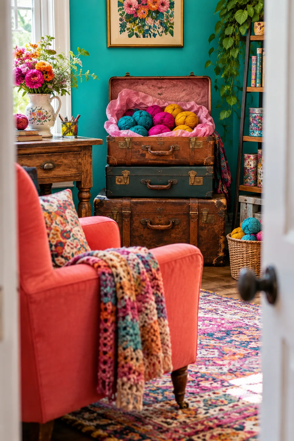Stacked vintage suitcases in a room corner, one opened to reveal yarn.