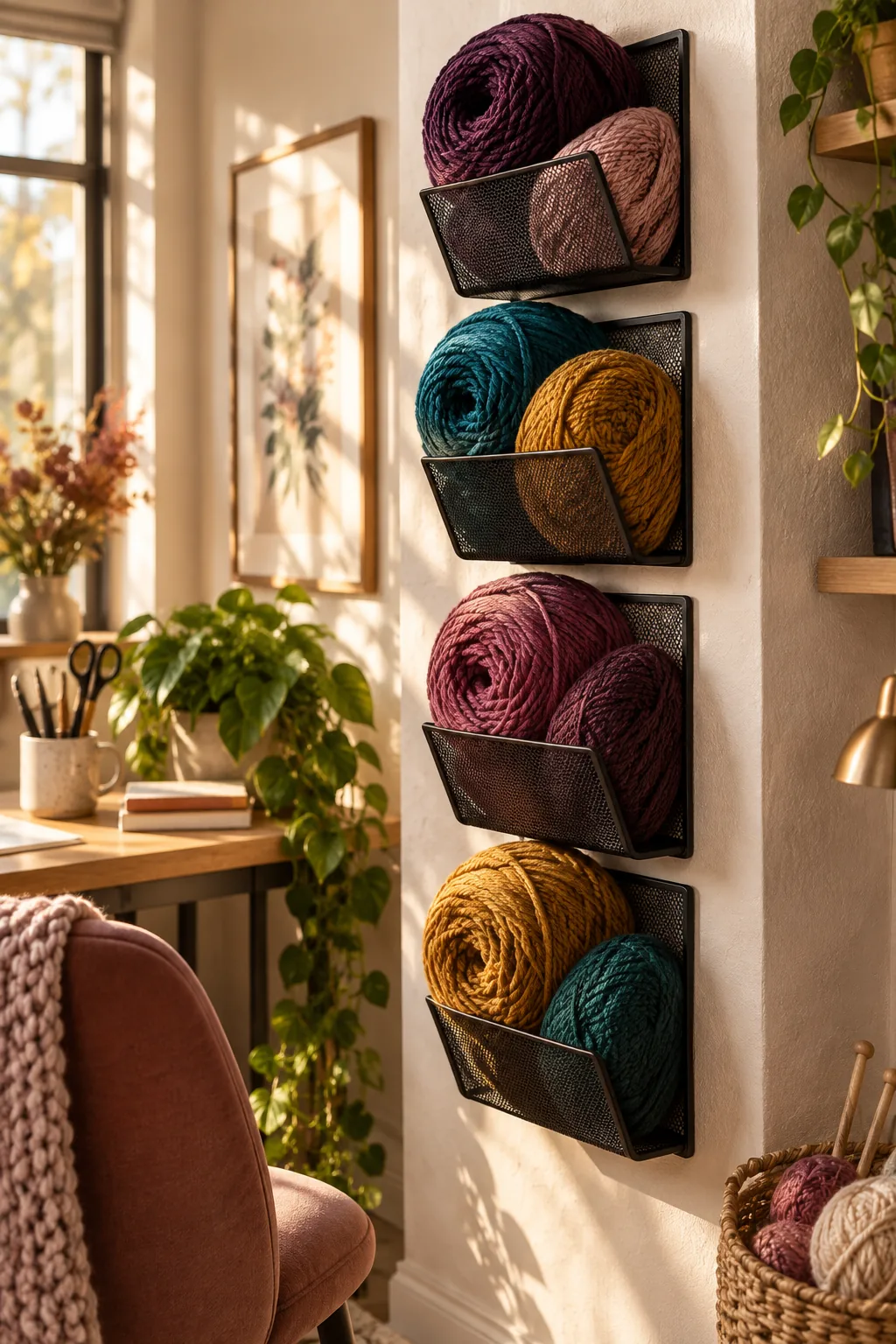 Metal wire file holders mounted on a wall holding cakes of yarn.