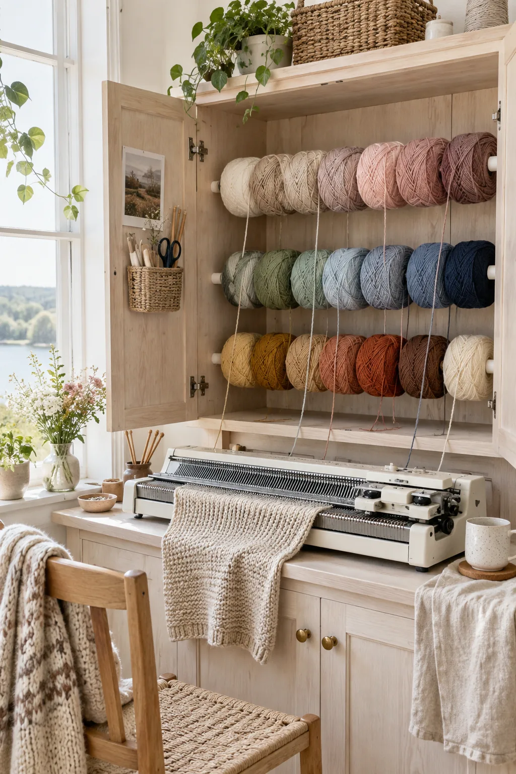 Tension rods installed inside a wooden cabinet holding yarn that feeds downward.