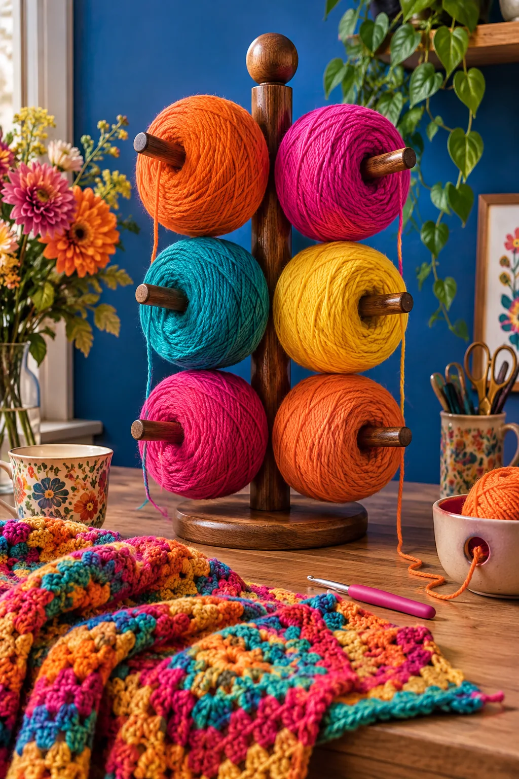 A wooden coffee mug tree on a desk holding six cakes of yarn.