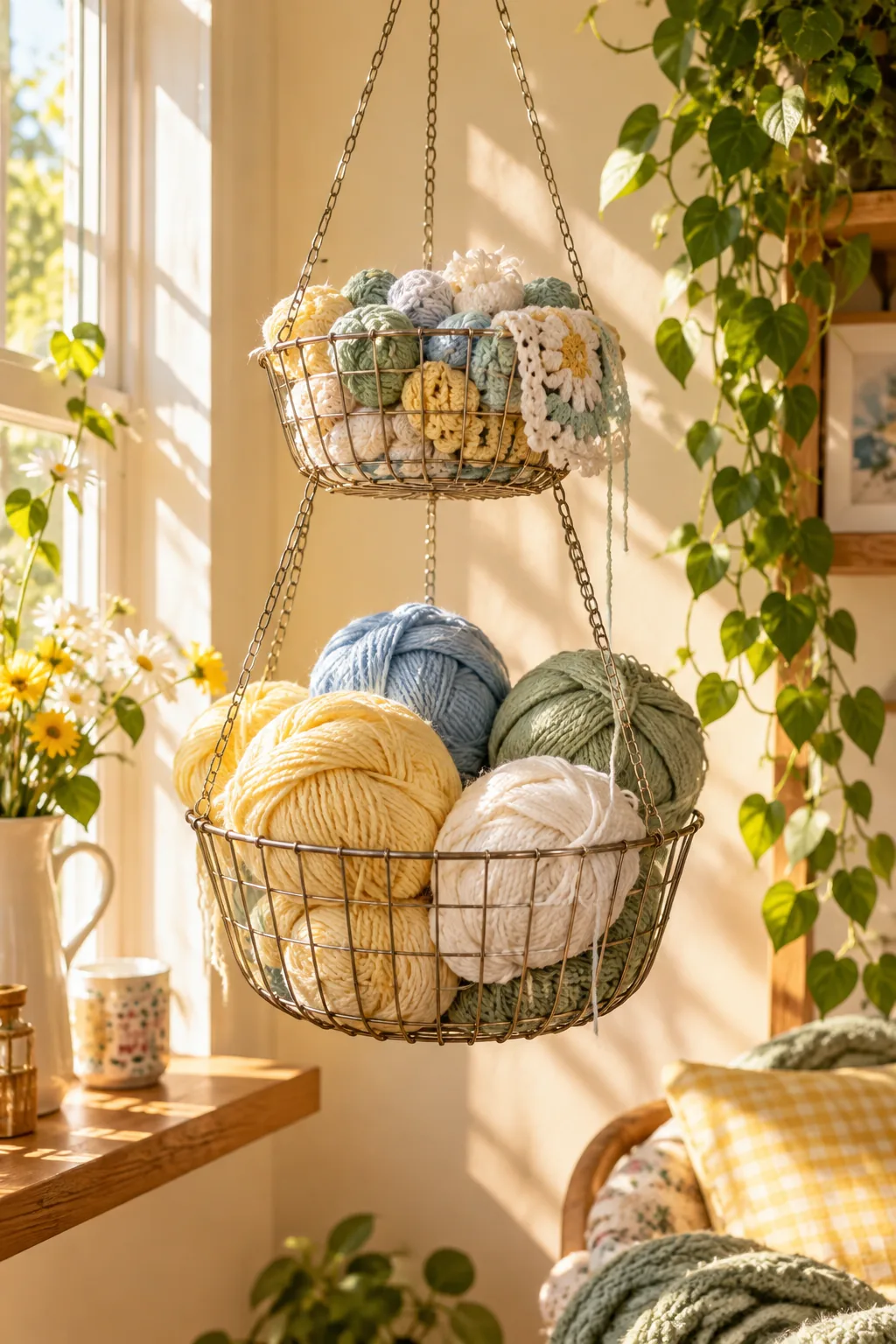 A three-tier wire hanging produce basket filled with yarn hanging from the ceiling.