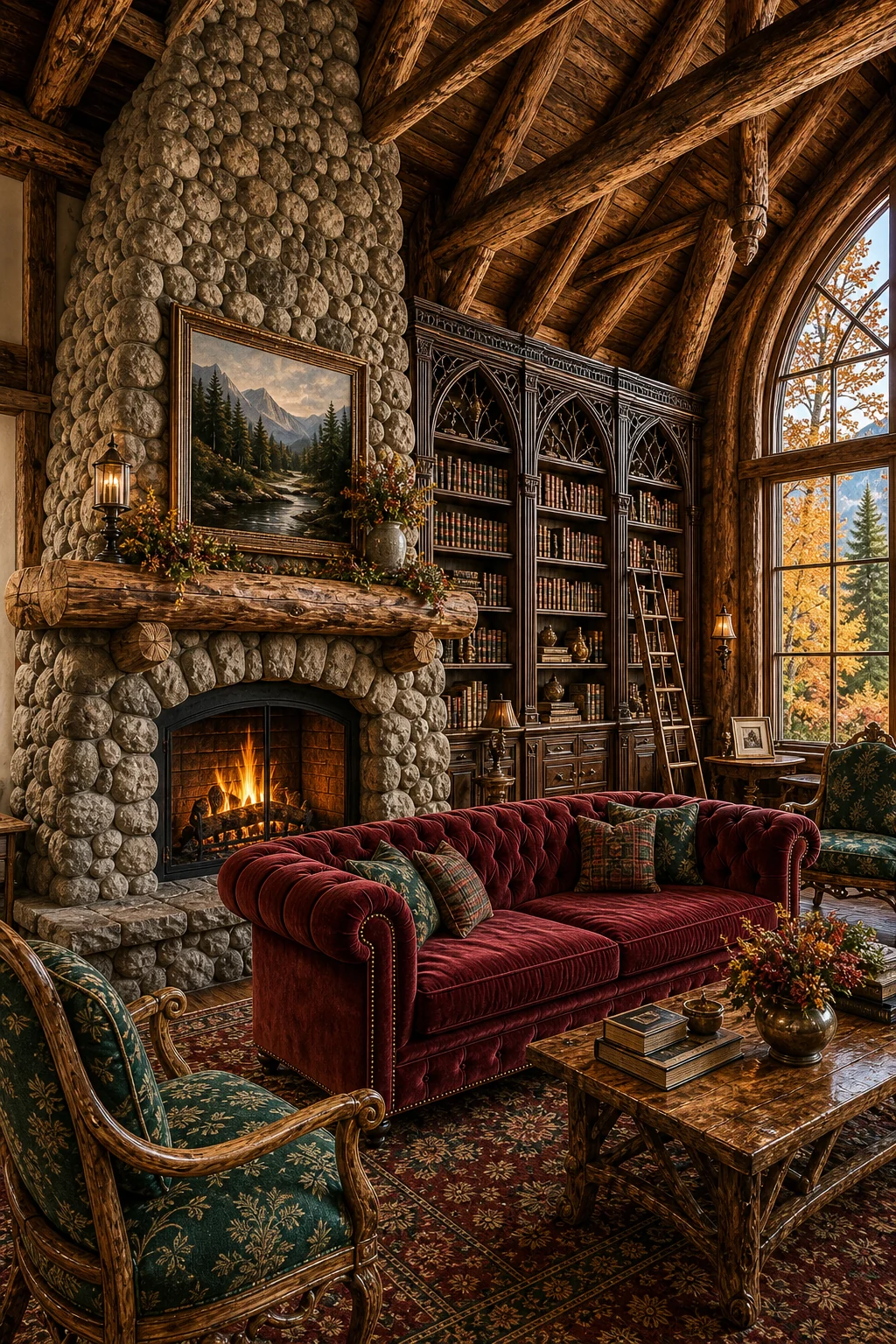 Low-angle view of a monumental river-stone fireplace meeting a tufted oxblood velvet Chesterfield sofa in a library.