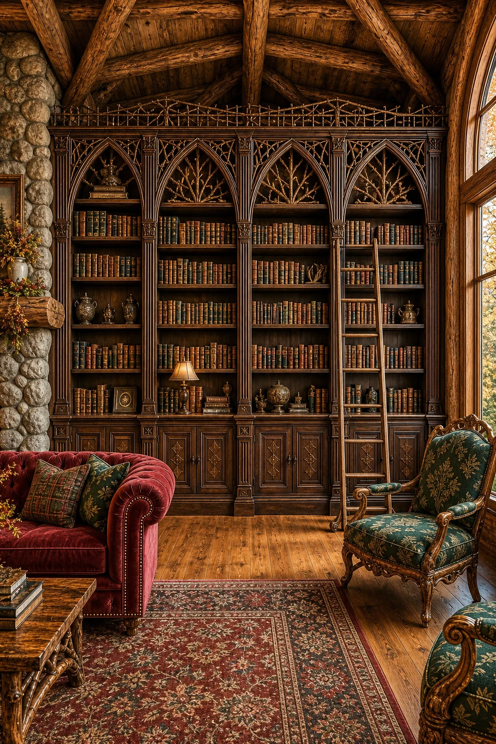 Medium shot of symmetrical floor-to-ceiling dark wood bookcases with a rolling ladder and intricate twig-work headers.