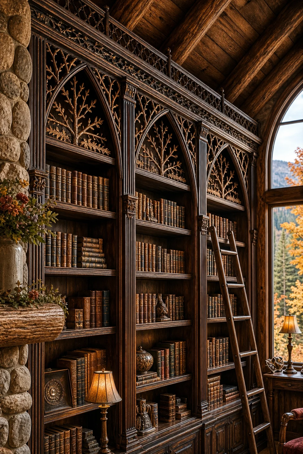 Close-up detail of intricate mosaic twig-work forming Victorian Gothic arches on a bookcase header.
