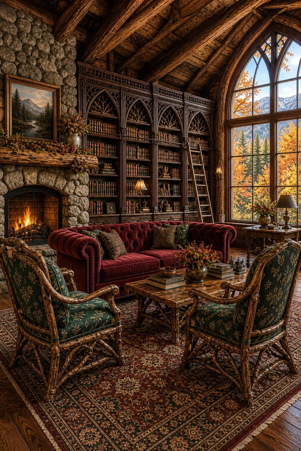 Eye-level view of a seating area with an oxblood velvet sofa and root-wood chairs upholstered in emerald damask.