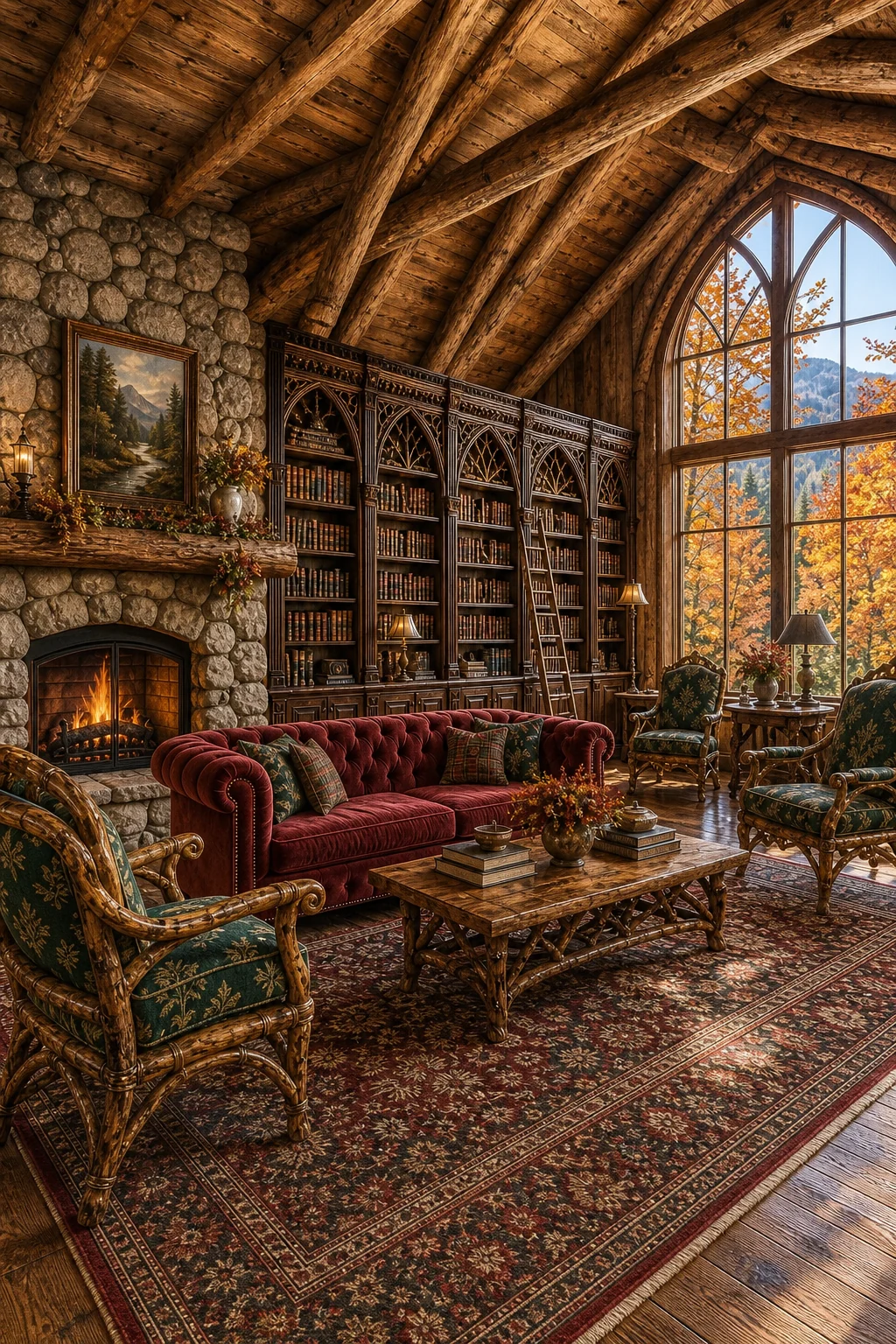 Wide shot showing large divided-light windows illuminating dark mahogany shelves and warm golden oak floors.