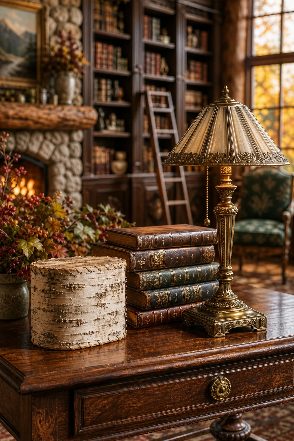 Close-up of a side table with a silver-white birch bark box, antique leather books, and a brass lamp.