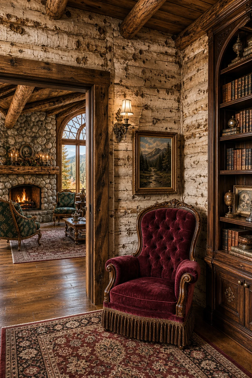 High-angle view of a cozy reading nook featuring a tufted burgundy chair against raw birch bark paneling.