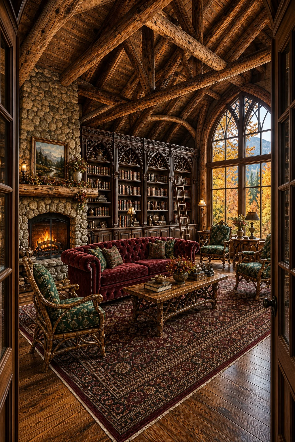 Generous full-room view from the doorway showing the balanced integration of stone hearth, bookcases, and velvet seating.