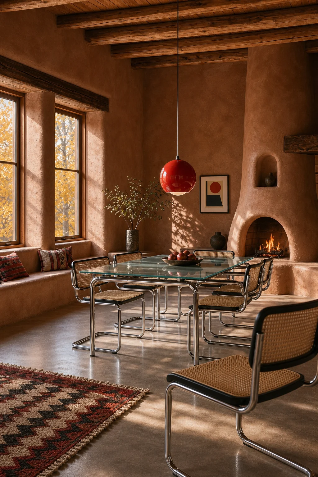 Wide view of a dining room with thick terracotta plaster walls, rounded corners, and a glimpse of a chrome chair.