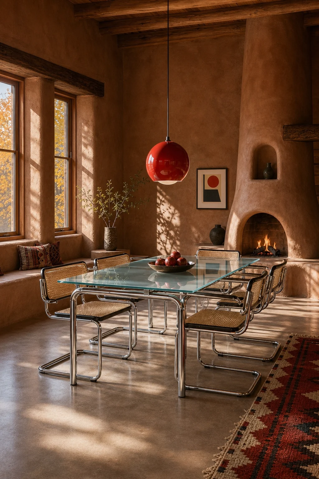 Medium shot of a frosted glass and chrome dining table with cantilevered steel chairs against an adobe wall.