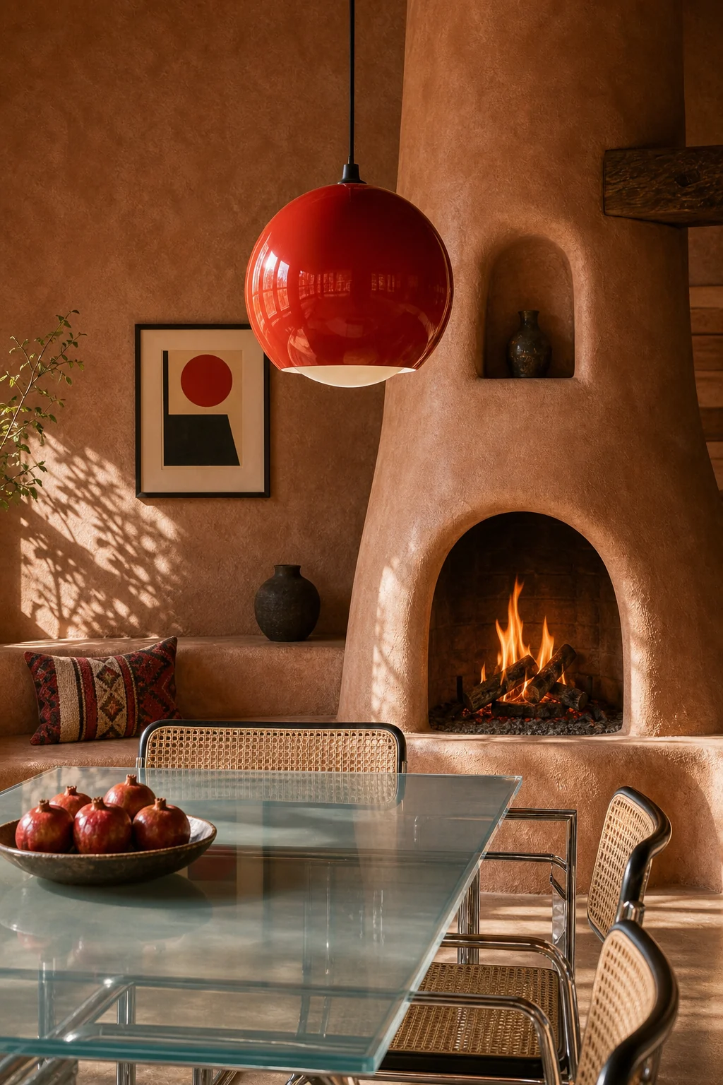 Detail shot of a primary-red spherical pendant light hanging near a rounded adobe kiva fireplace.