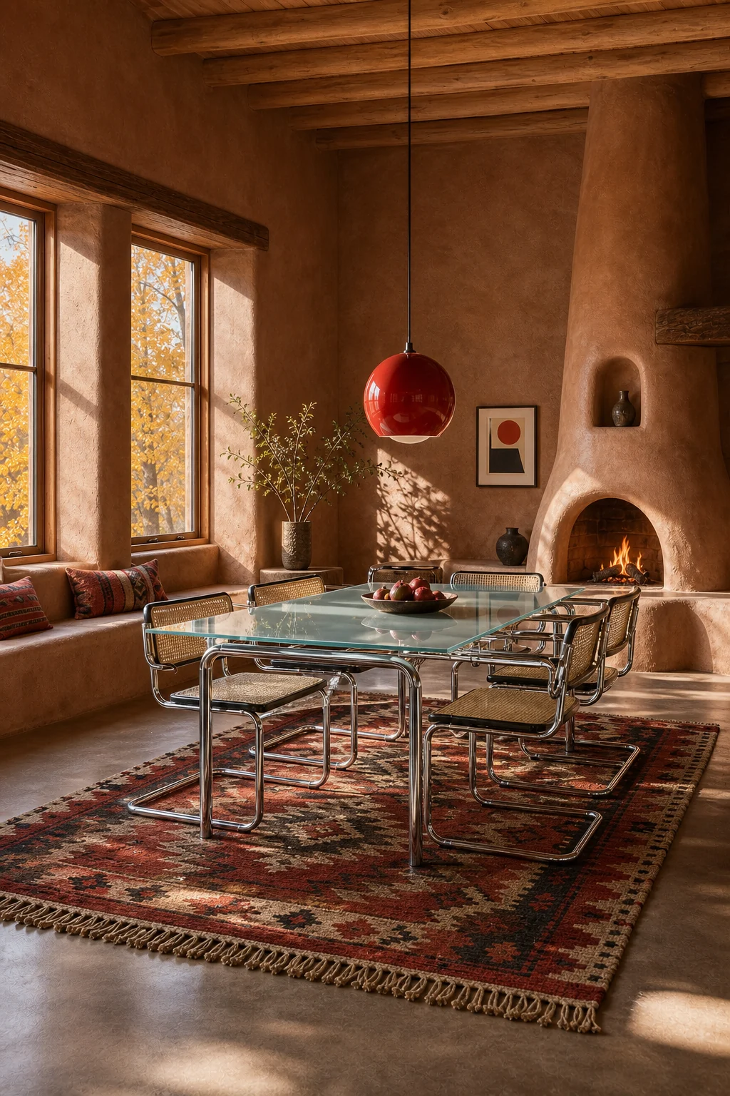 Low angle view of a complete dining vignette with a glass table, steel chairs, and a woven rug.