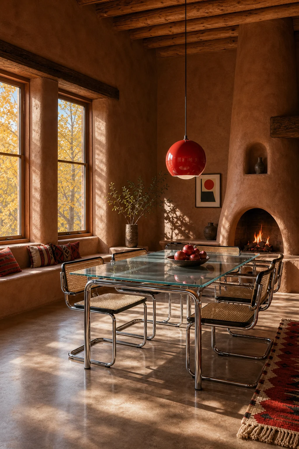 Sunlight streaming through deep-set windows, illuminating a chrome chair frame and casting shadows on plaster.