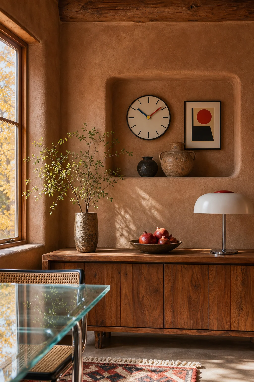 A built-in adobe niche displaying a geometric clock, primary-colored art, and rustic clay vessels.